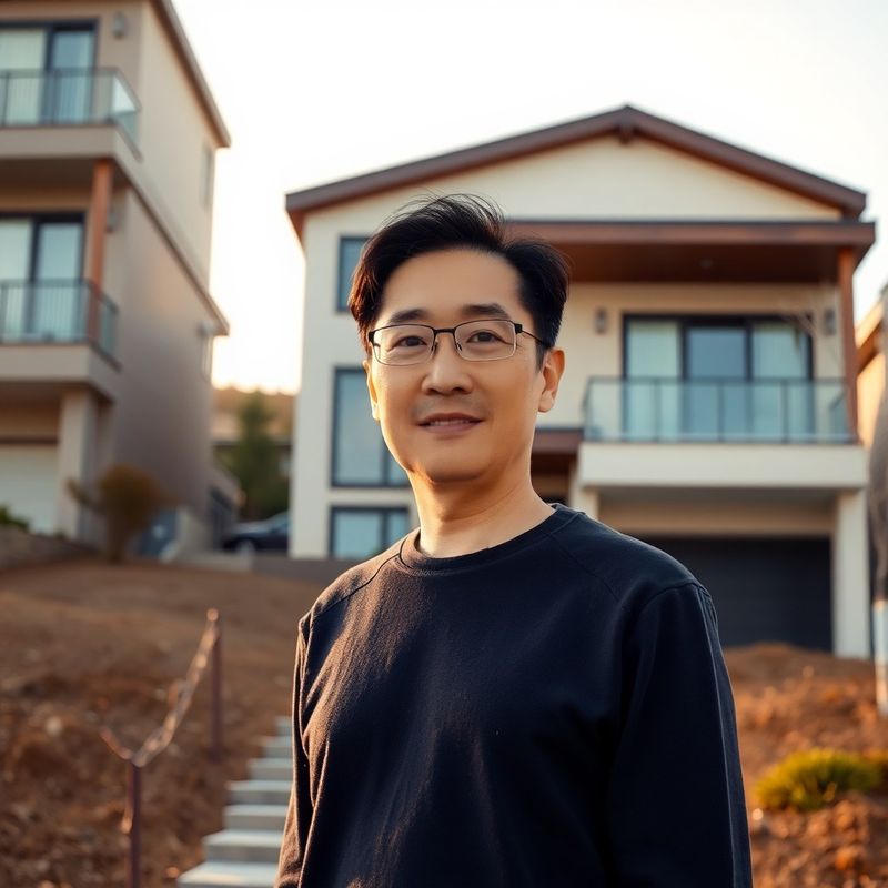 해운대 언덕 신축 주택 앞에 서 있는 의뢰인의 초상